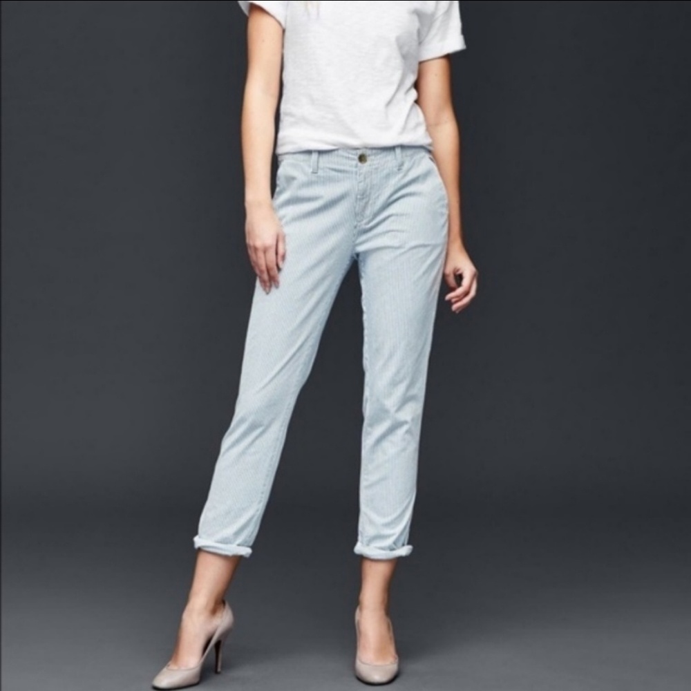 NWOT GAP girlfriend khaki blue white stripe pants